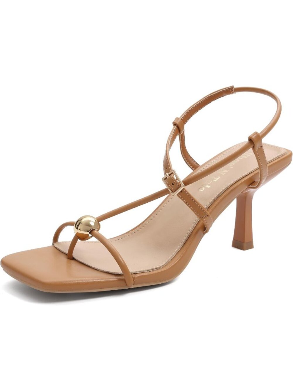 Women's Light Brown Kitten Heels Sandals Flip Flop Square Open Toe Ankle Strap